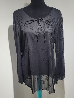 Laura Women's Sheer Long Sleeve Paisley Blouse XL Black Whimsigoth Monochrome